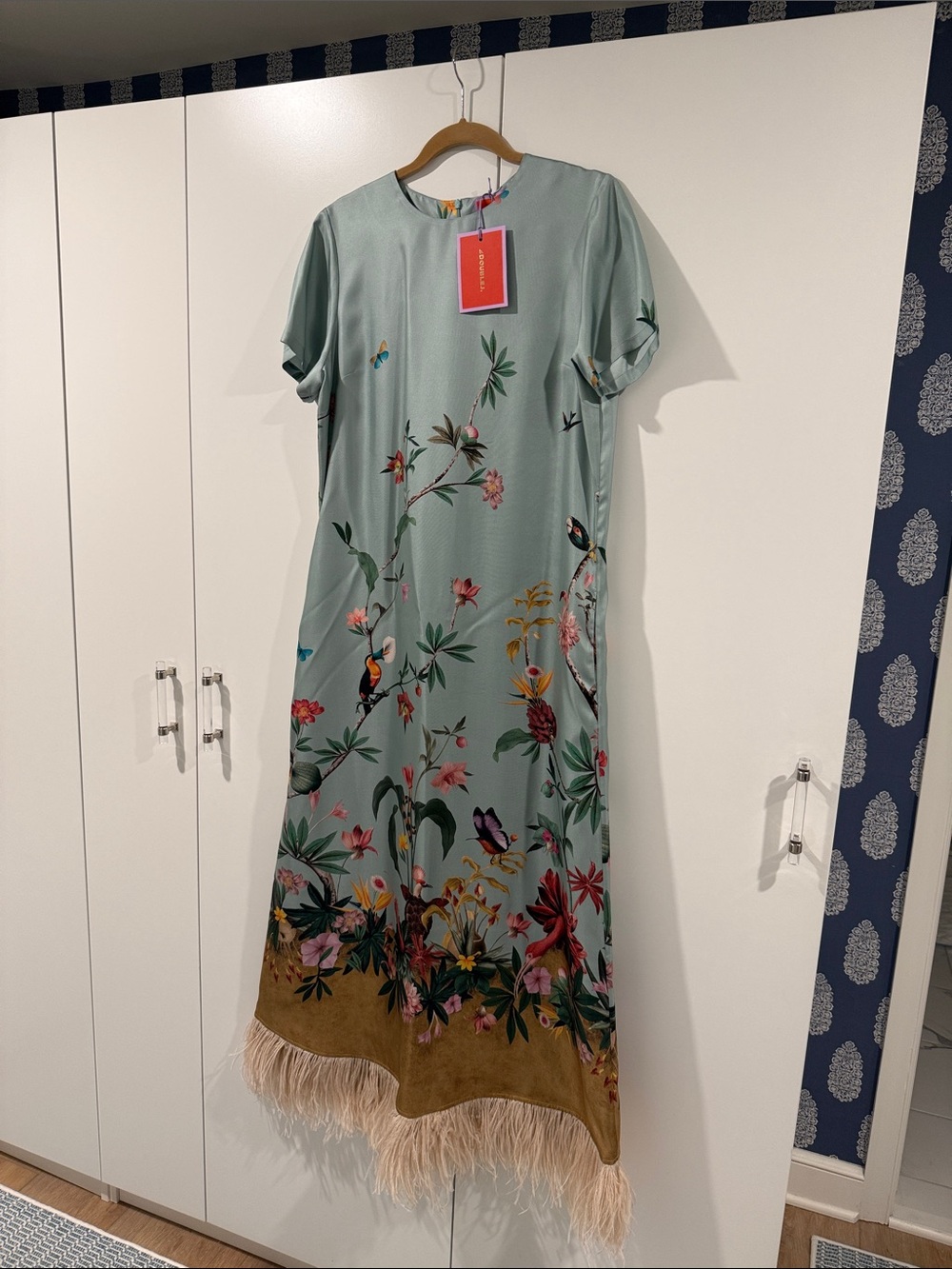 LA DoubleJ Mint Green Floral Maxi Dress with Fringe Hem
